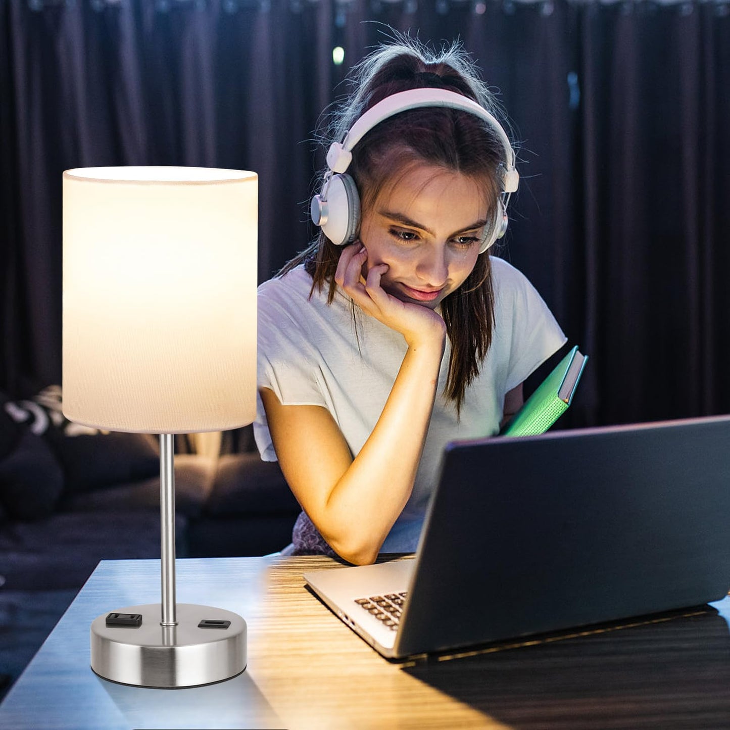 ROTTOGOON Touch Table Lamps Set of 2 with USB Port & Power Outlet, Dimmable Desk Lamp for Living Room Nursery Room, Bulbs Included, White