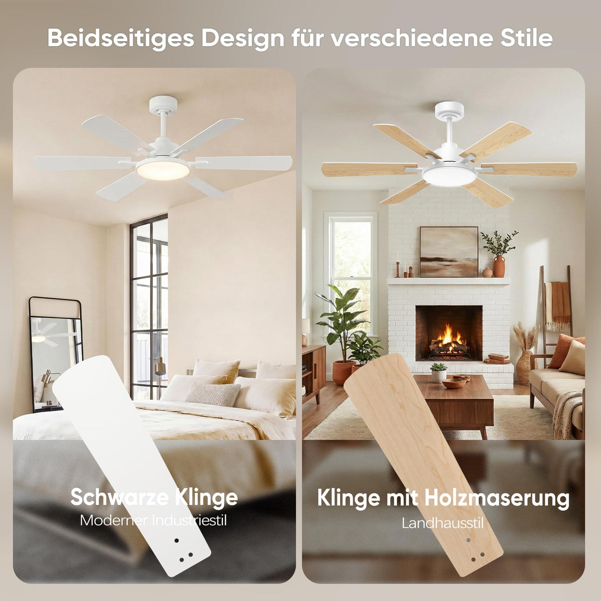 ROTTOGOON Deckenventilator mit Beleuchtung 132cm,Doppelseitige Flügeln,Weiß [Energieklasse F]